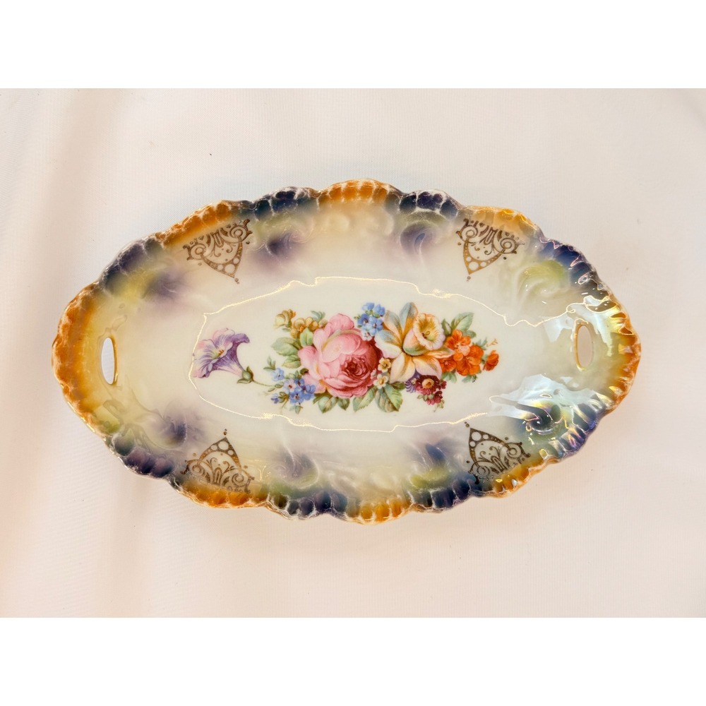 Vintage Bavaria Porcelain Floral Celery Dish Iridescent Luster Gold Gilt Tray